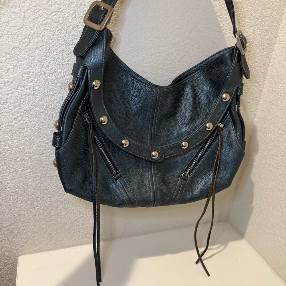 Botkier TRIGGER Mermaid Blue Moto Leather Hobo Shoulder Bag Studded Fringe - Picture 2 of 15